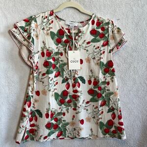 NEW Cece Woven Top Boho Blouse Shirt Linen Blend Red Green Strawberry print sz M